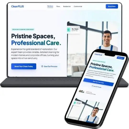 Diseño responsivo de página web para un negocio de limpieza en laptop y teléfono
