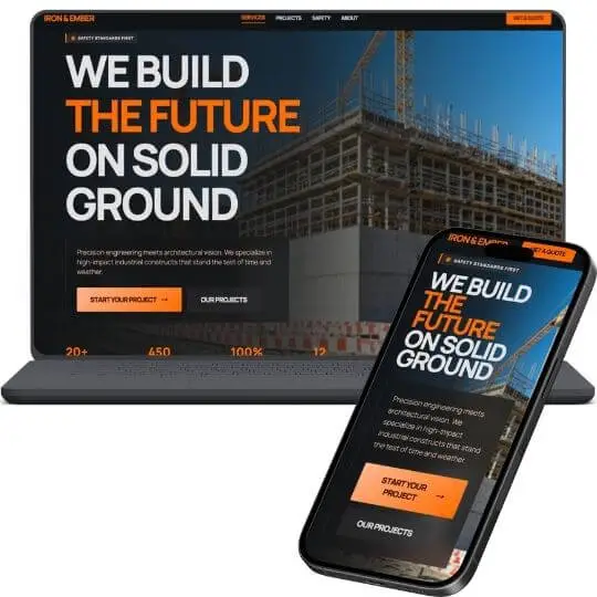 Diseño responsivo de página web para una empresa de construcción en laptop y teléfono