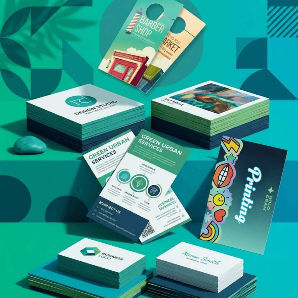 Materiales publicitarios impresos para pequeños negocios, incluyendo tarjetas, flyers y door hangers