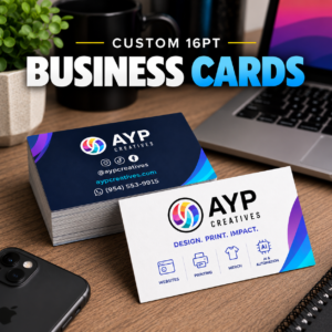 Custom 16PT business cards with English front and back designs in an AYP desk mockup