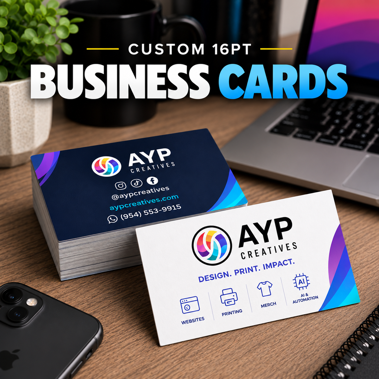 Custom 16PT business cards with English front and back designs in an AYP desk mockup