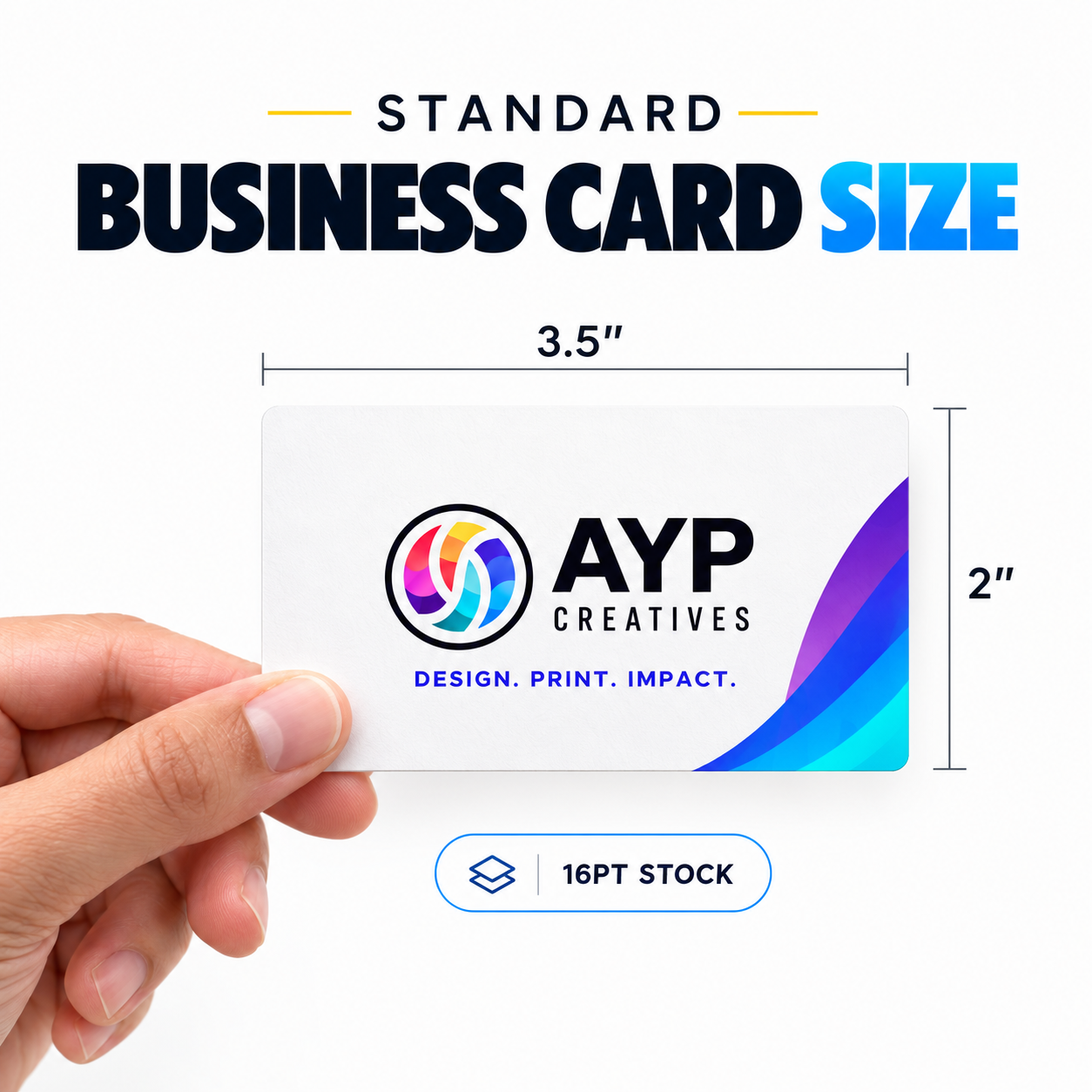 Standard 3.5 x 2 inch business card size shown with 16PT stock measurement guides