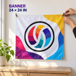 Square 24 by 24 inch custom vinyl banner hanging on a clean wall