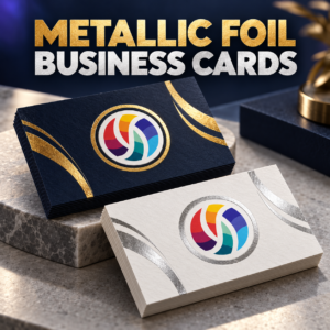 Premium navy and white business cards with gold and silver metallic foil details
