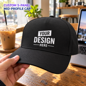 Black custom five-panel cap with a flat Your Design Here print