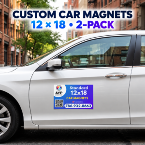 Custom 12 by 18 inch car magnet installed on a white sedan