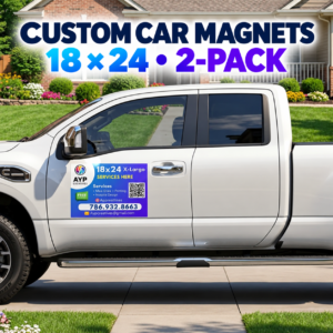 Custom 18 by 24 inch car magnet installed on a white pickup truck