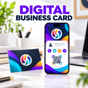 Digital business card service displayed on a smartphone with AYP Creatives branding