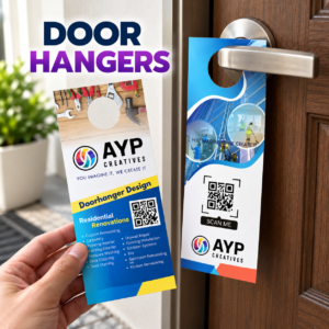 Two custom printed door hangers shown on a real residential door in natural light