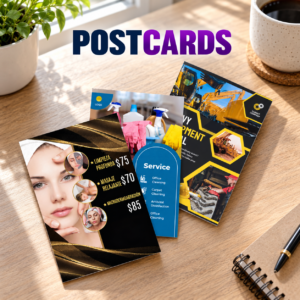 Three custom postcard designs photographed on a wooden creative workspace