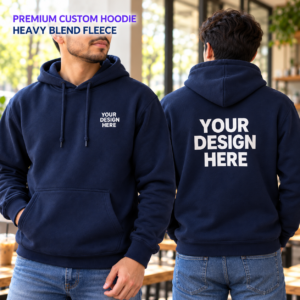 Navy heavy blend hoodie shown front and back with Your Design Here prints