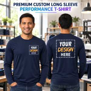 Custom navy long sleeve performance shirt shown from the front and back