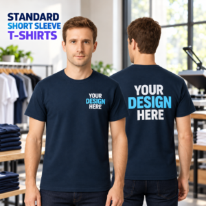 Custom navy short sleeve T-shirt shown from the front and back