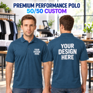 Steel blue custom 50-50 performance polo shown from the front and back