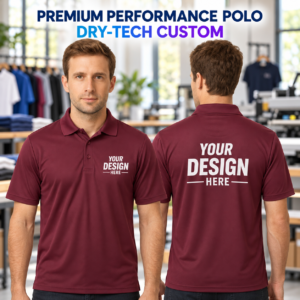 Burgundy custom Dry-Tech performance polo shown from the front and back