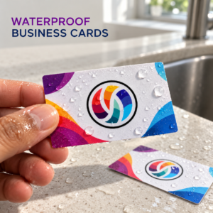 Standard proportion waterproof synthetic business card covered with water droplets